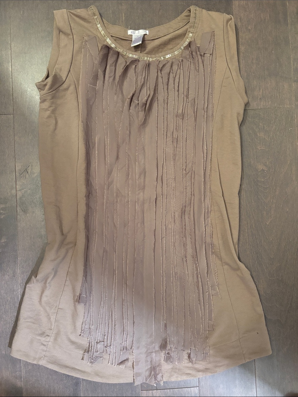 Women's Taupe Sleeveless Fringe Front Tank Top Tunic